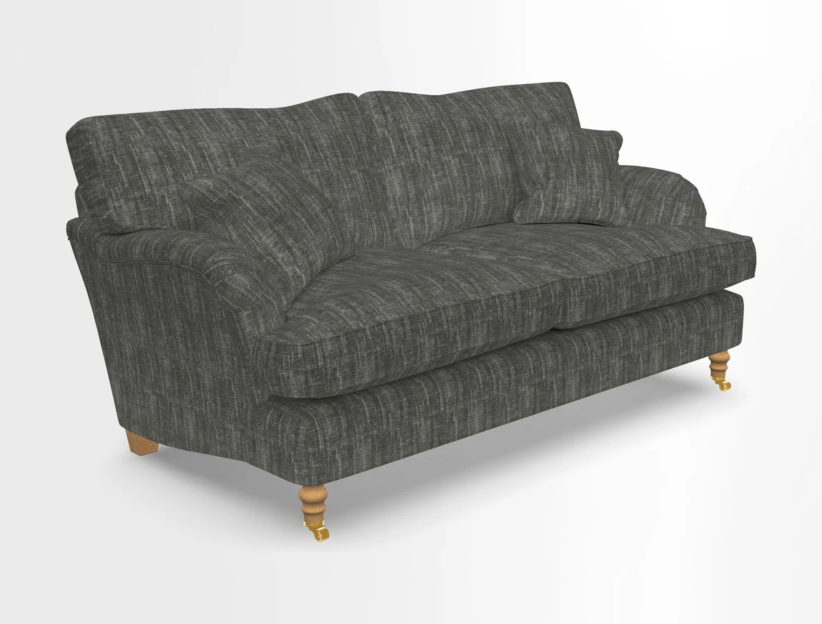 Alwinton 3 seater sofa in Ettas Stripe Moss with bolster cushion in Almost Plain Velvet Harvest