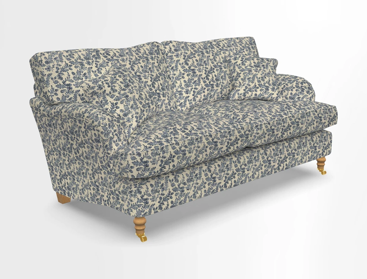 Alwinton 3 seater sofa in Ettas Stripe Moss with bolster cushion in Almost Plain Velvet Harvest