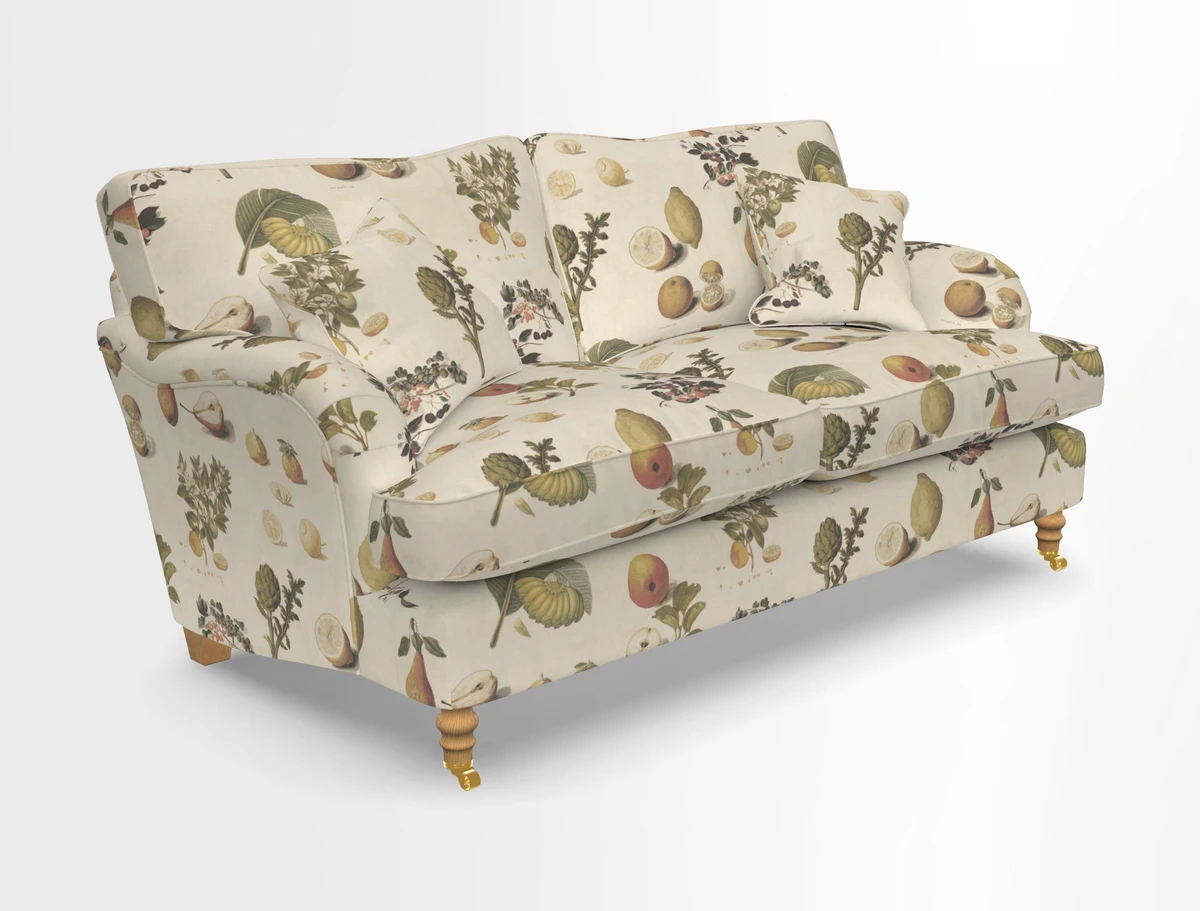 Alwinton 3 seater sofa in Ettas Stripe Moss with bolster cushion in Almost Plain Velvet Harvest
