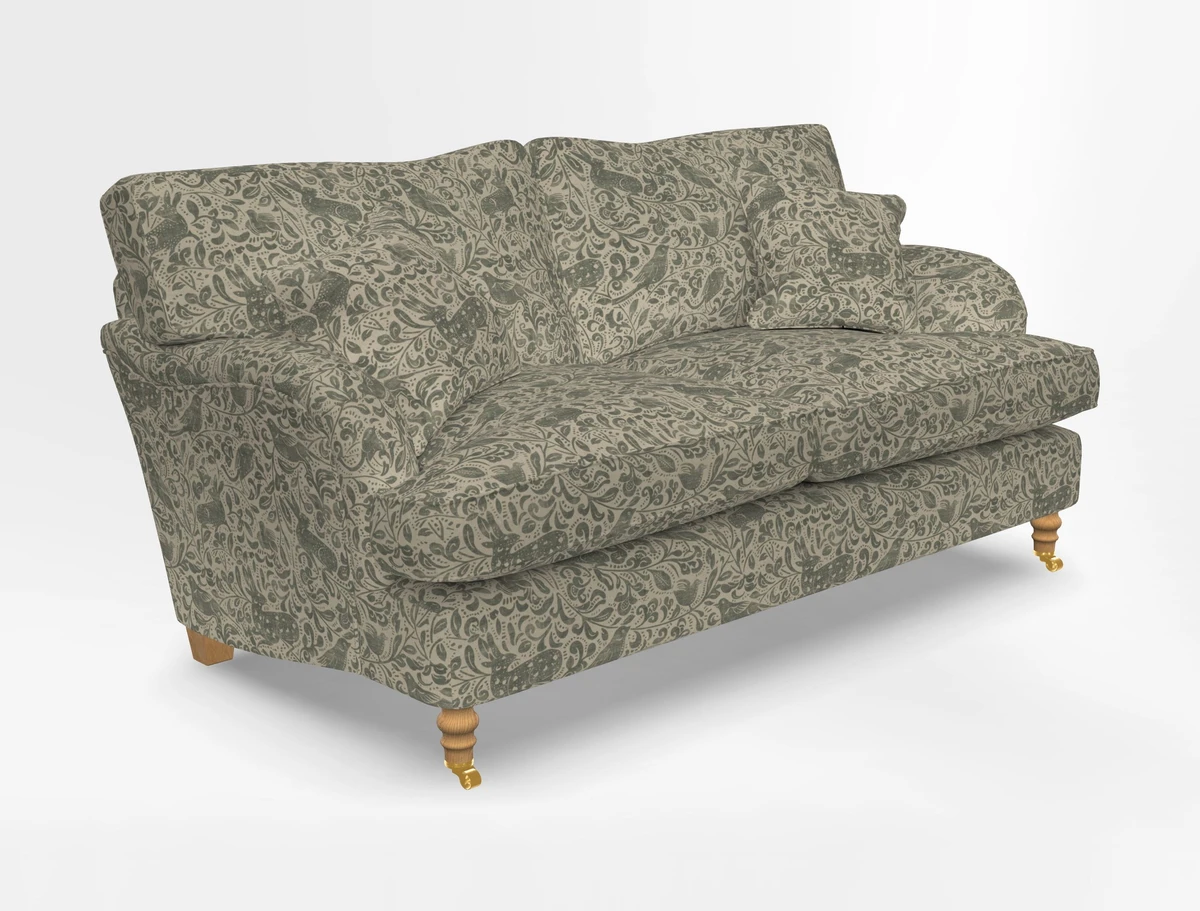 Alwinton 3 seater sofa in Ettas Stripe Moss with bolster cushion in Almost Plain Velvet Harvest