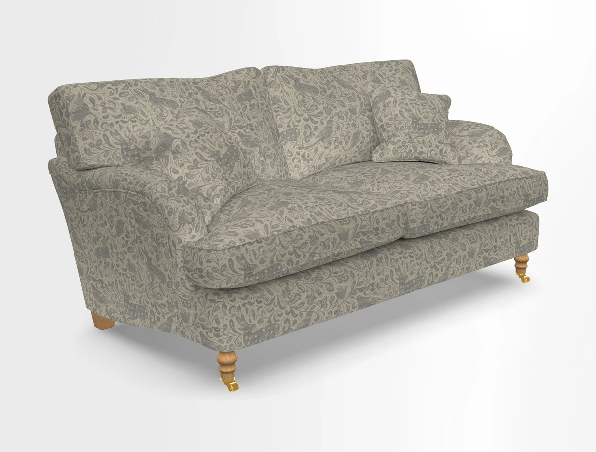 Alwinton 3 seater sofa in Ettas Stripe Moss with bolster cushion in Almost Plain Velvet Harvest