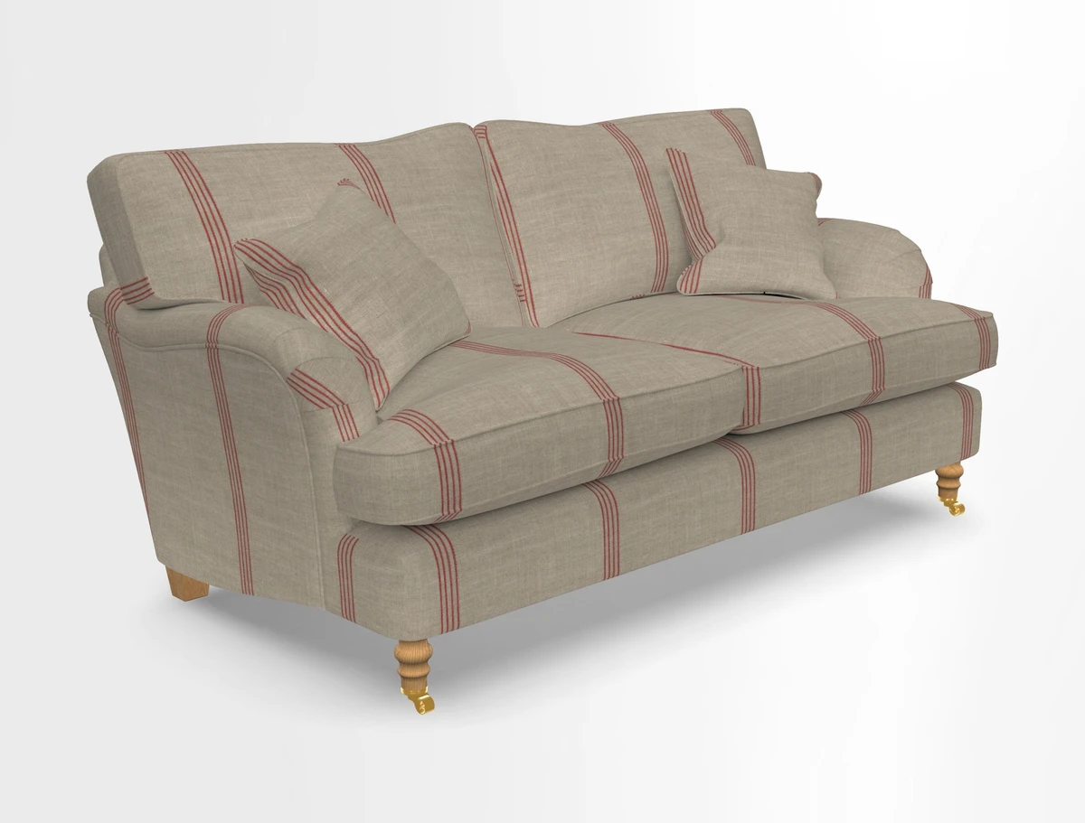 Alwinton 3 seater sofa in Ettas Stripe Moss with bolster cushion in Almost Plain Velvet Harvest