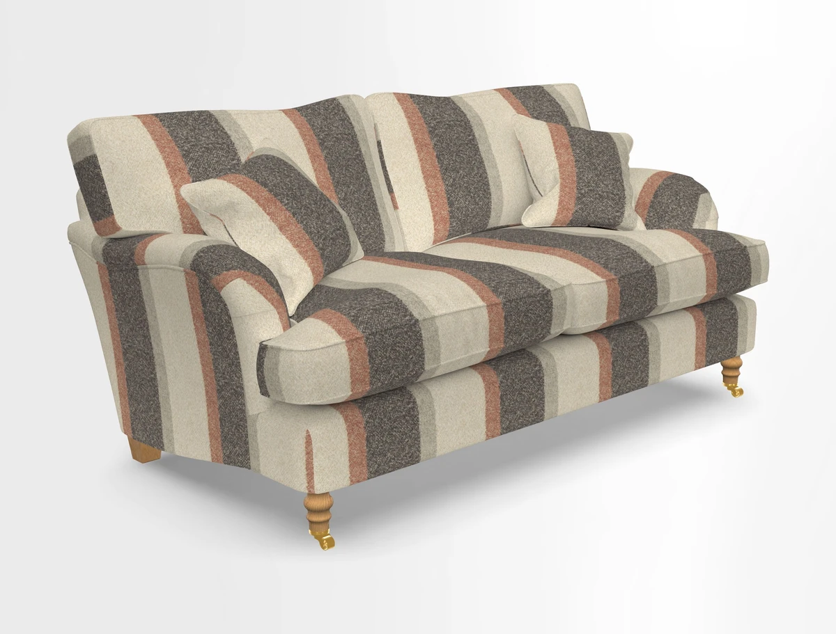 Alwinton 3 seater sofa in Ettas Stripe Moss with bolster cushion in Almost Plain Velvet Harvest