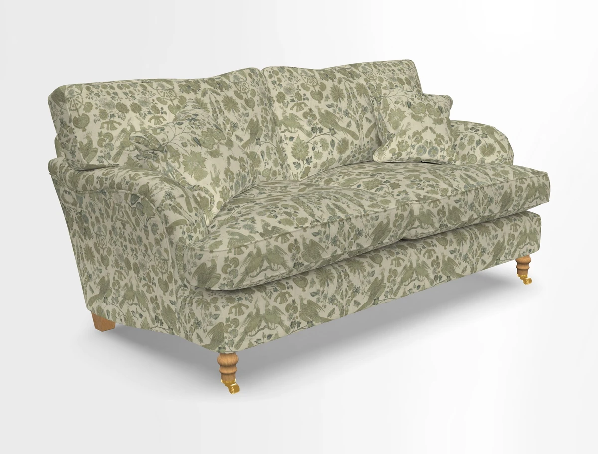Alwinton 3 seater sofa in Ettas Stripe Moss with bolster cushion in Almost Plain Velvet Harvest