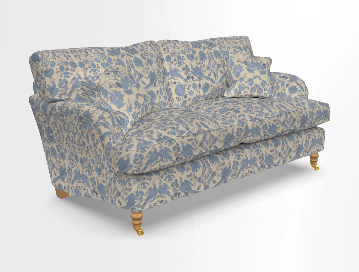Alwinton 3 seater sofa in Ettas Stripe Moss with bolster cushion in Almost Plain Velvet Harvest