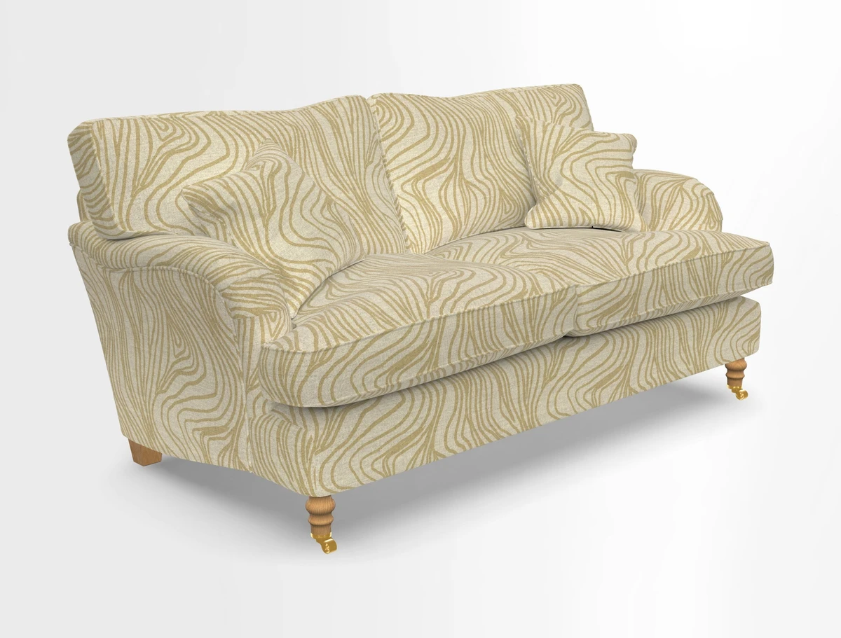 Alwinton 3 seater sofa in Ettas Stripe Moss with bolster cushion in Almost Plain Velvet Harvest
