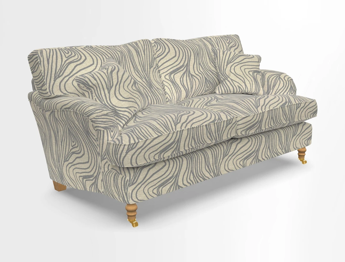 Alwinton 3 seater sofa in Ettas Stripe Moss with bolster cushion in Almost Plain Velvet Harvest