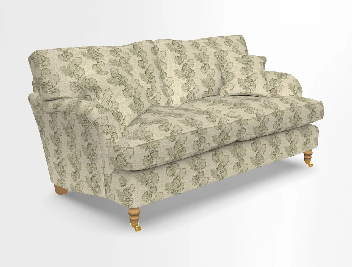 Alwinton 3 seater sofa in Ettas Stripe Moss with bolster cushion in Almost Plain Velvet Harvest