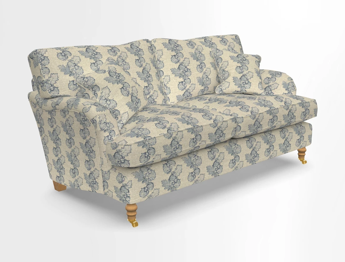 Alwinton 3 seater sofa in Ettas Stripe Moss with bolster cushion in Almost Plain Velvet Harvest