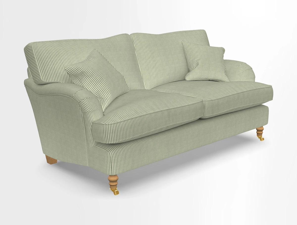 Alwinton 3 seater sofa in Ettas Stripe Moss with bolster cushion in Almost Plain Velvet Harvest