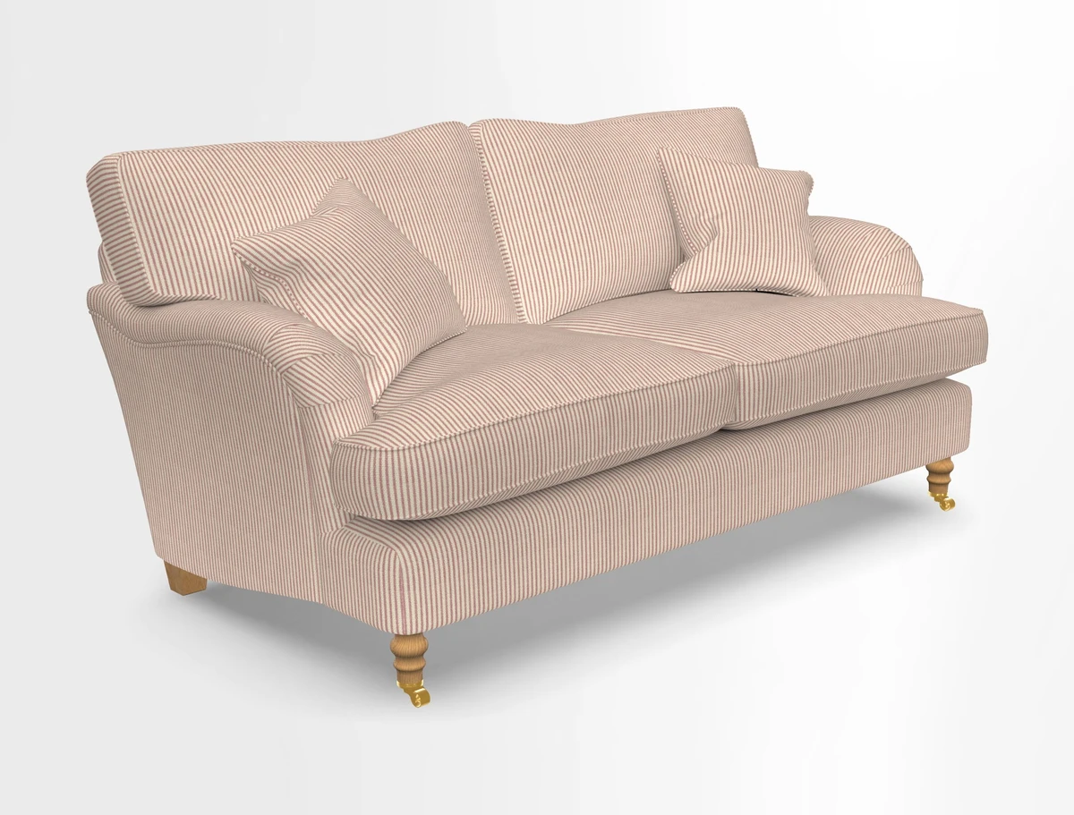 Alwinton 3 seater sofa in Ettas Stripe Moss with bolster cushion in Almost Plain Velvet Harvest