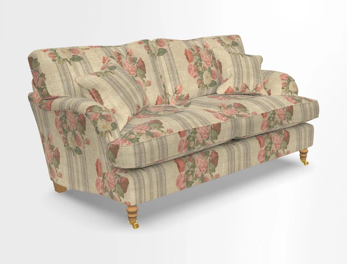 Alwinton 3 seater sofa in Ettas Stripe Moss with bolster cushion in Almost Plain Velvet Harvest