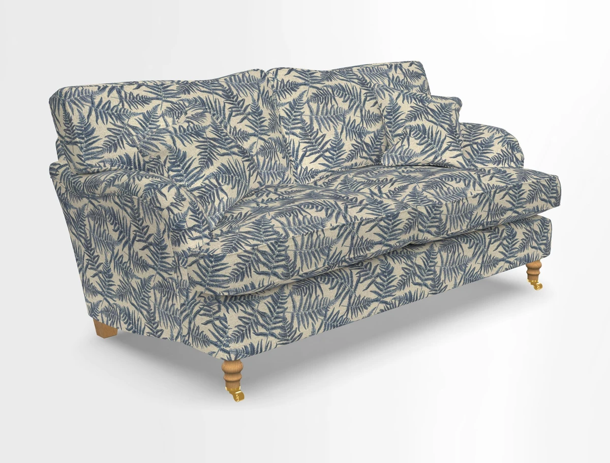 Alwinton 3 seater sofa in Ettas Stripe Moss with bolster cushion in Almost Plain Velvet Harvest