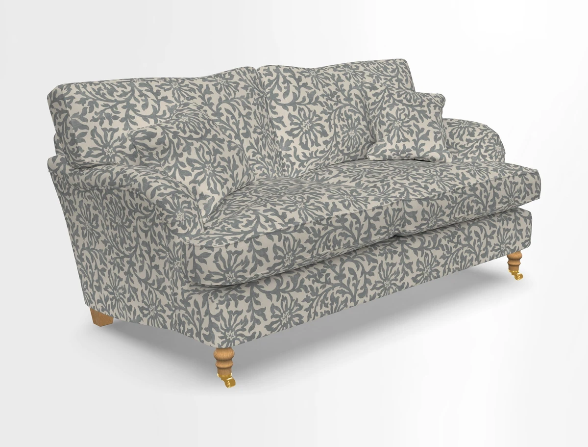 Alwinton 3 seater sofa in Ettas Stripe Moss with bolster cushion in Almost Plain Velvet Harvest