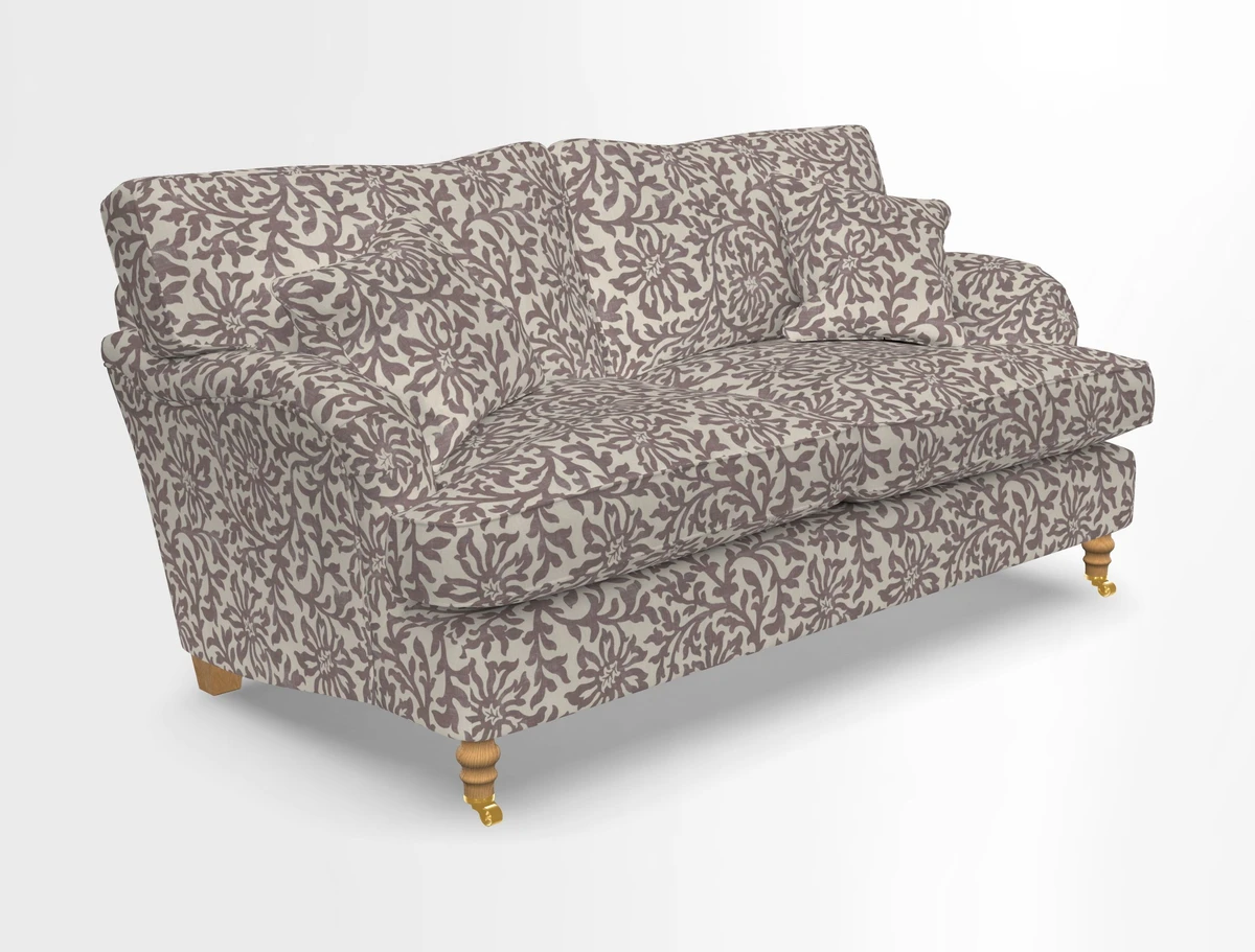 Alwinton 3 seater sofa in Ettas Stripe Moss with bolster cushion in Almost Plain Velvet Harvest