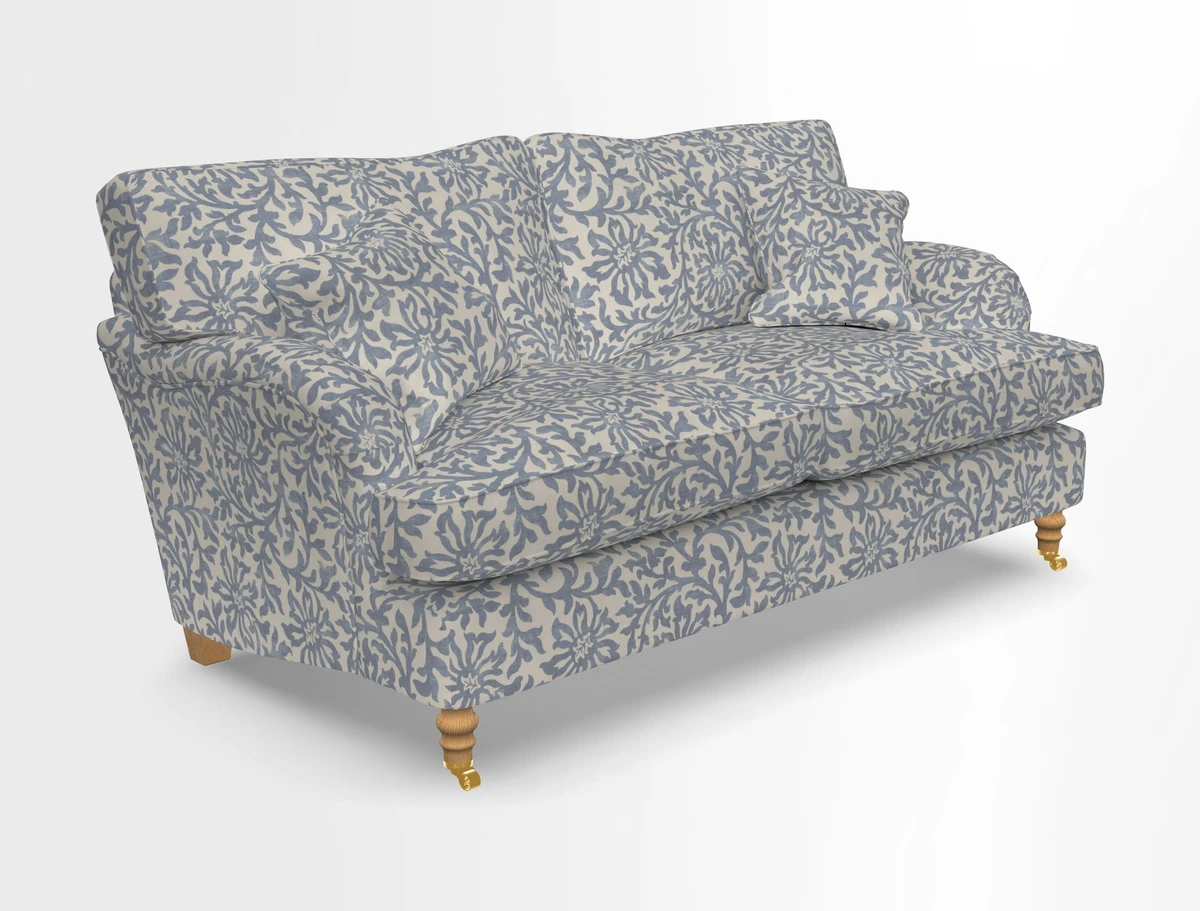 Alwinton 3 seater sofa in Ettas Stripe Moss with bolster cushion in Almost Plain Velvet Harvest