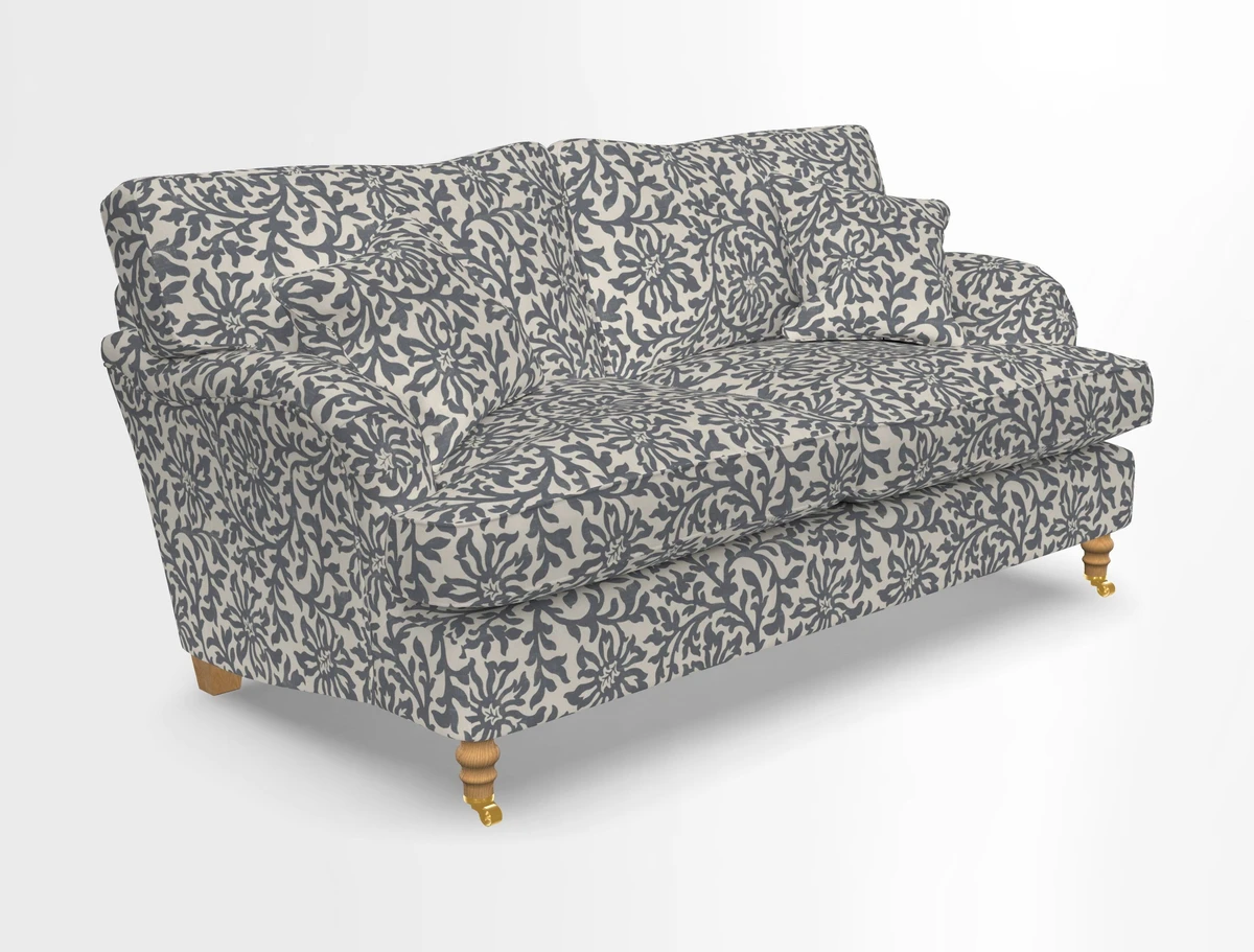 Alwinton 3 seater sofa in Ettas Stripe Moss with bolster cushion in Almost Plain Velvet Harvest