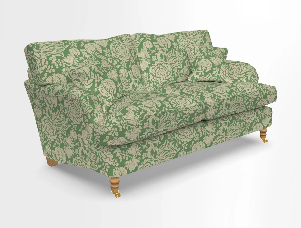 Alwinton 3 seater sofa in Ettas Stripe Moss with bolster cushion in Almost Plain Velvet Harvest