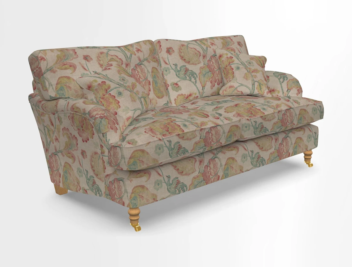 Alwinton 3 seater sofa in Ettas Stripe Moss with bolster cushion in Almost Plain Velvet Harvest