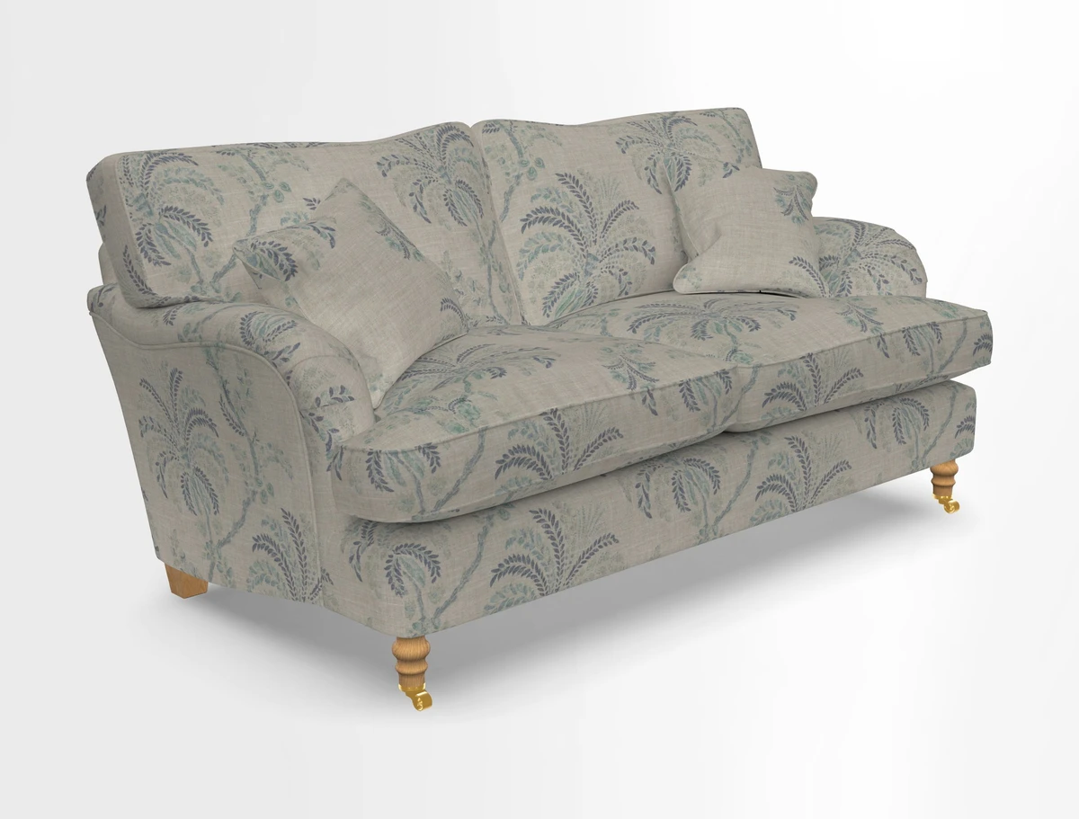 Alwinton 3 seater sofa in Ettas Stripe Moss with bolster cushion in Almost Plain Velvet Harvest