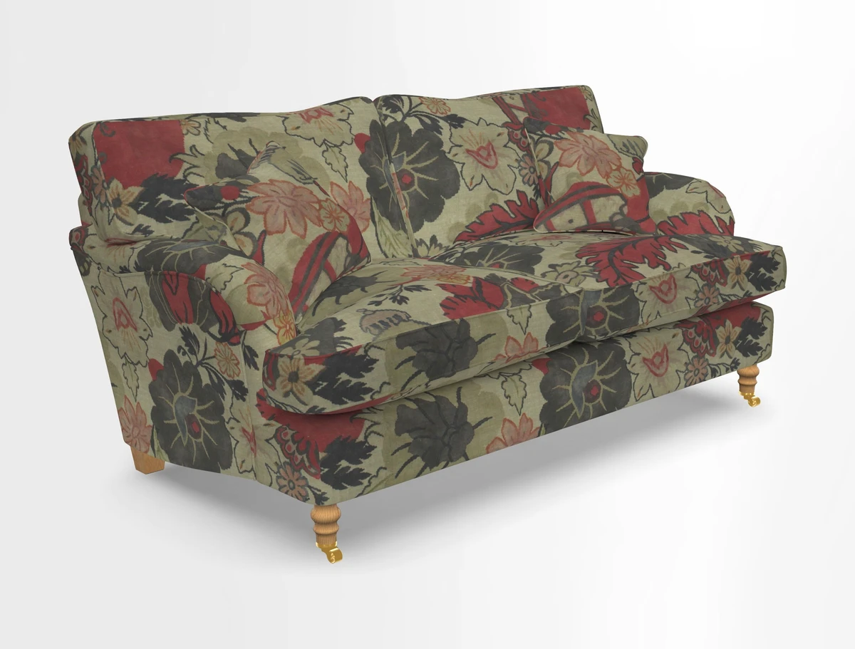 Alwinton 3 seater sofa in Ettas Stripe Moss with bolster cushion in Almost Plain Velvet Harvest