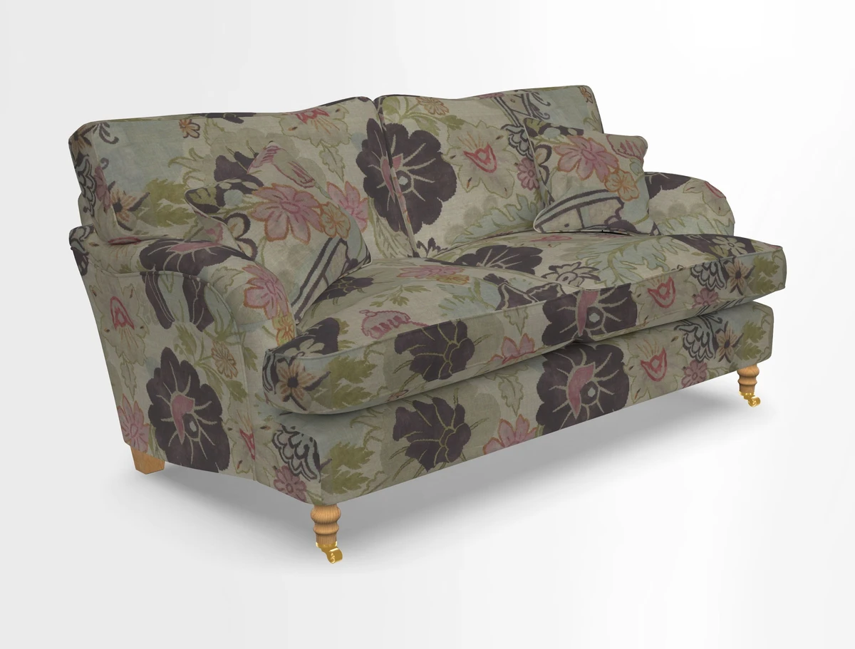 Alwinton 3 seater sofa in Ettas Stripe Moss with bolster cushion in Almost Plain Velvet Harvest
