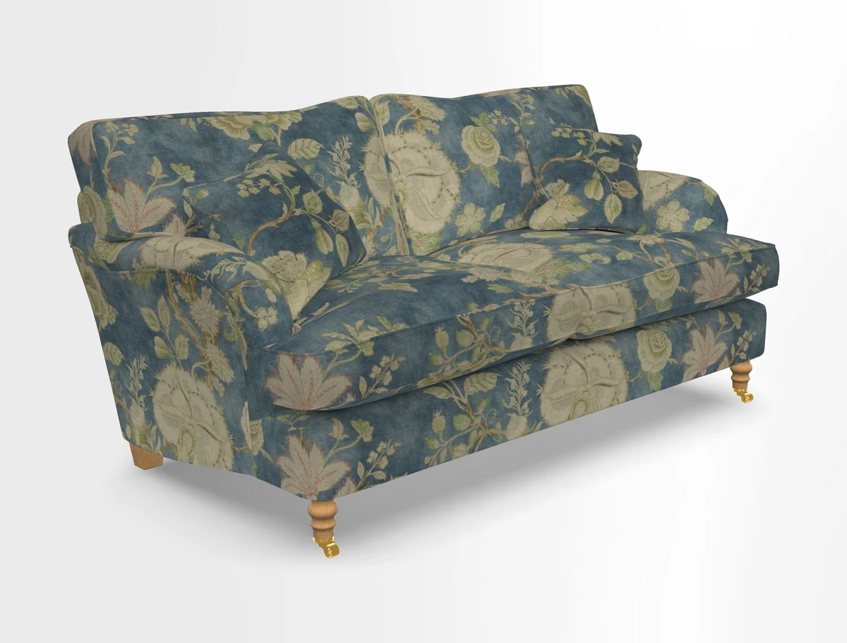 Alwinton 3 seater sofa in Ettas Stripe Moss with bolster cushion in Almost Plain Velvet Harvest