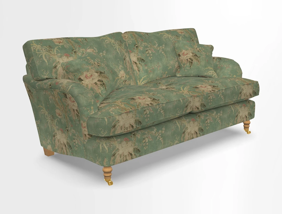 Alwinton 3 seater sofa in Ettas Stripe Moss with bolster cushion in Almost Plain Velvet Harvest