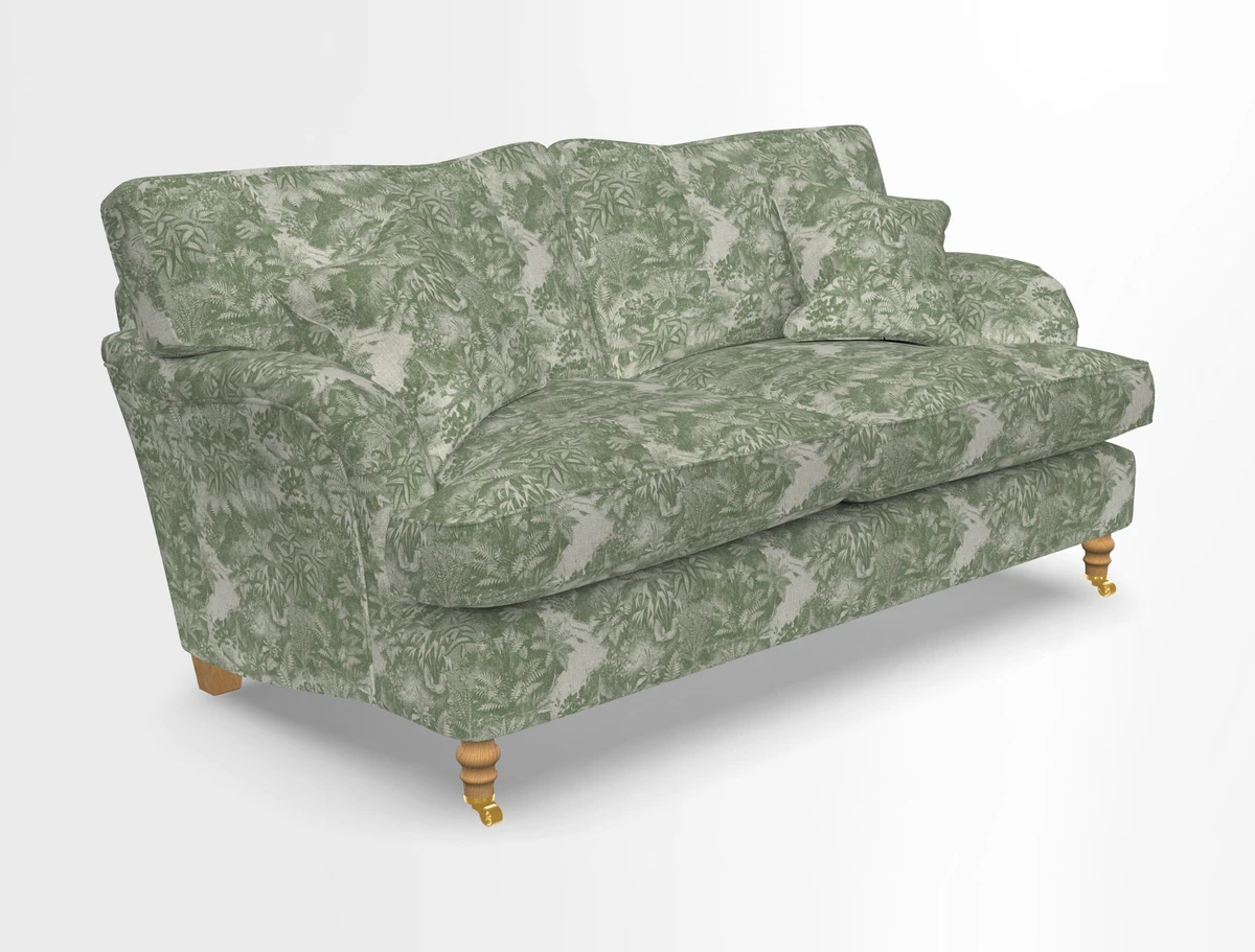 Alwinton 3 seater sofa in Ettas Stripe Moss with bolster cushion in Almost Plain Velvet Harvest