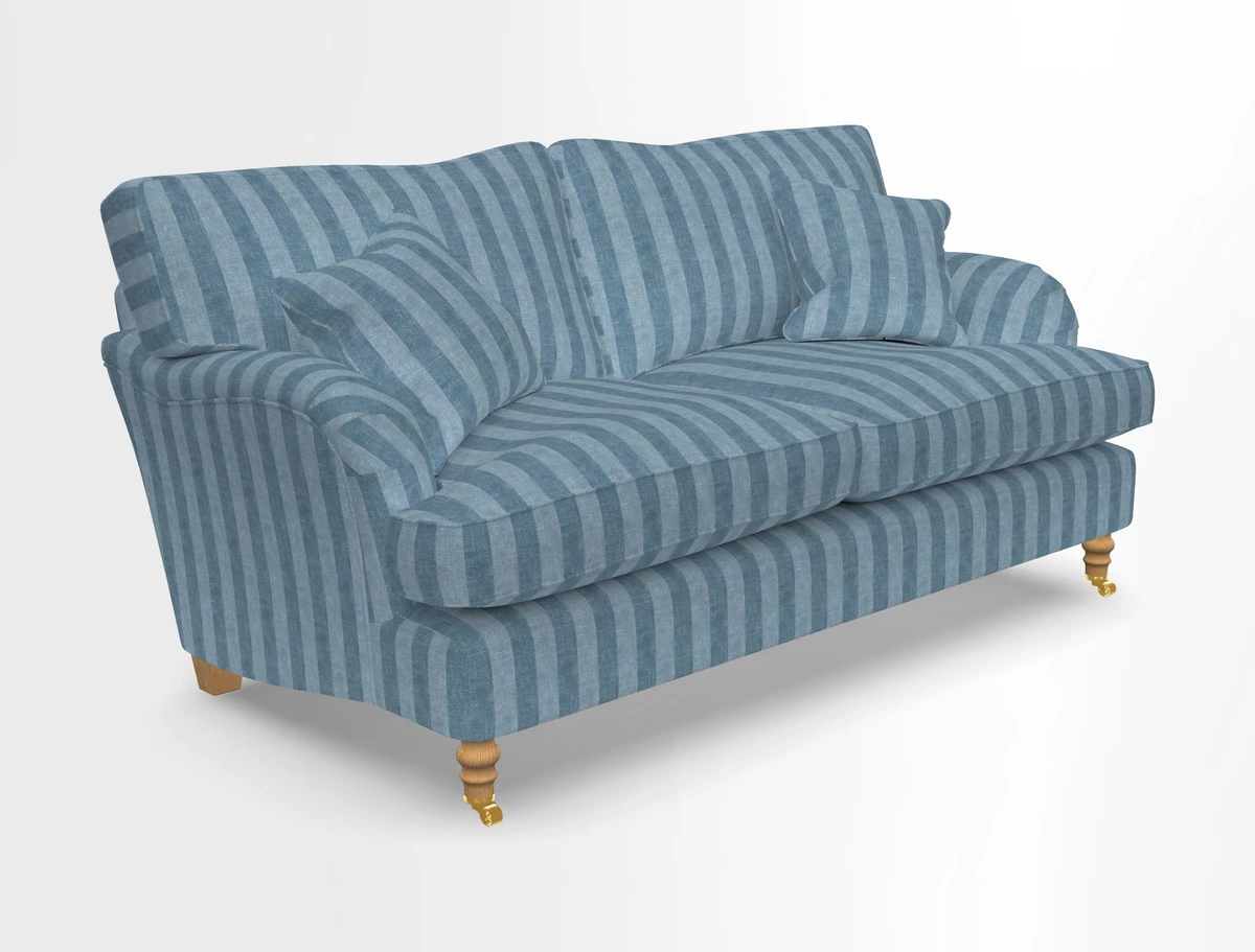 Alwinton 3 seater sofa in Ettas Stripe Moss with bolster cushion in Almost Plain Velvet Harvest