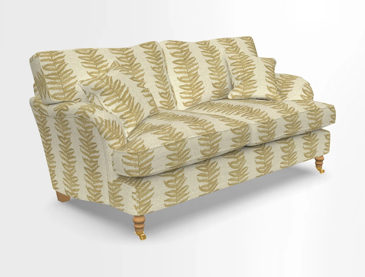 Alwinton 3 seater sofa in Ettas Stripe Moss with bolster cushion in Almost Plain Velvet Harvest