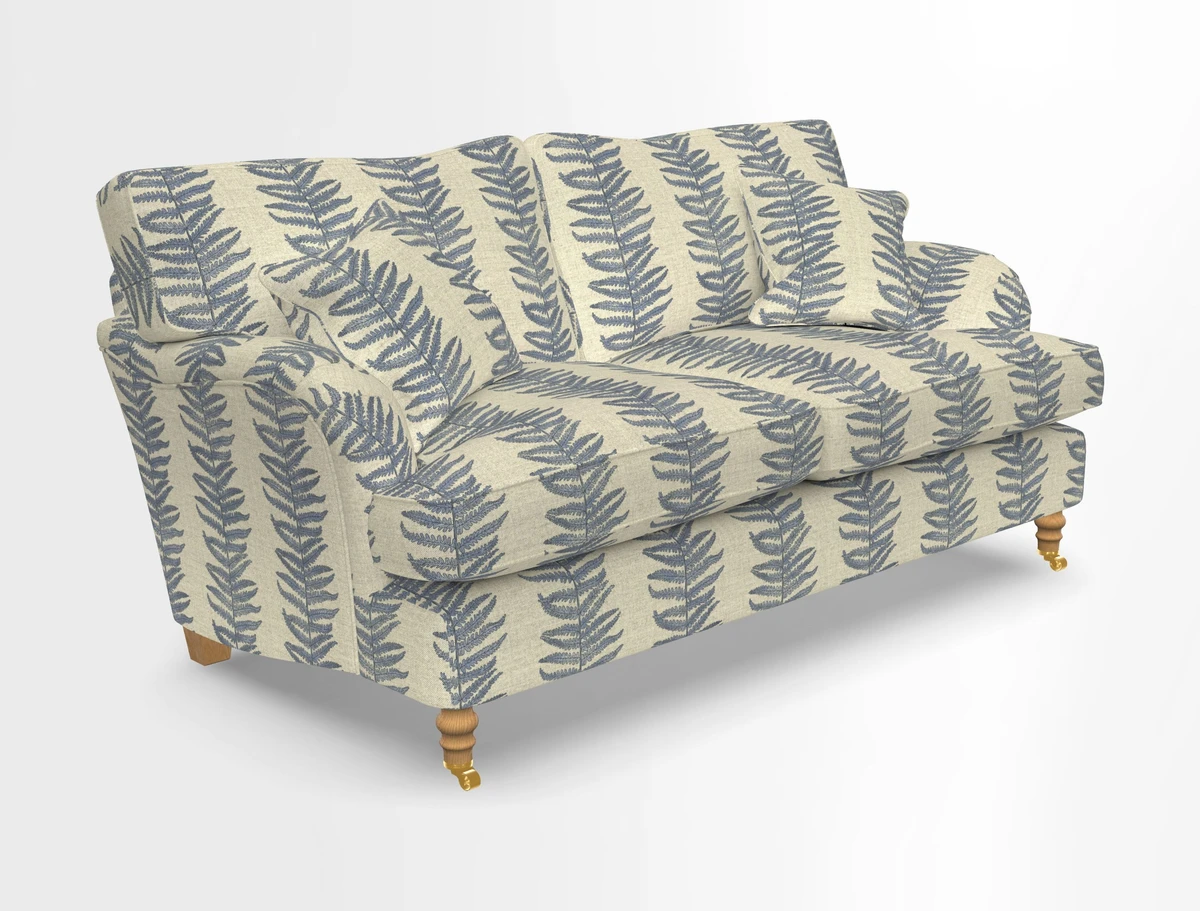 Alwinton 3 seater sofa in Ettas Stripe Moss with bolster cushion in Almost Plain Velvet Harvest