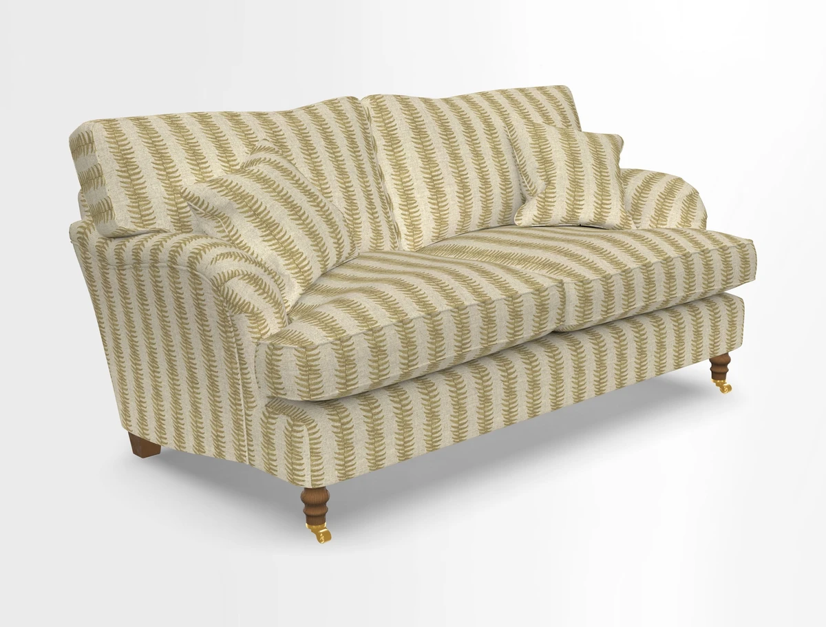 Alwinton 3 seater sofa in Ettas Stripe Moss with bolster cushion in Almost Plain Velvet Harvest