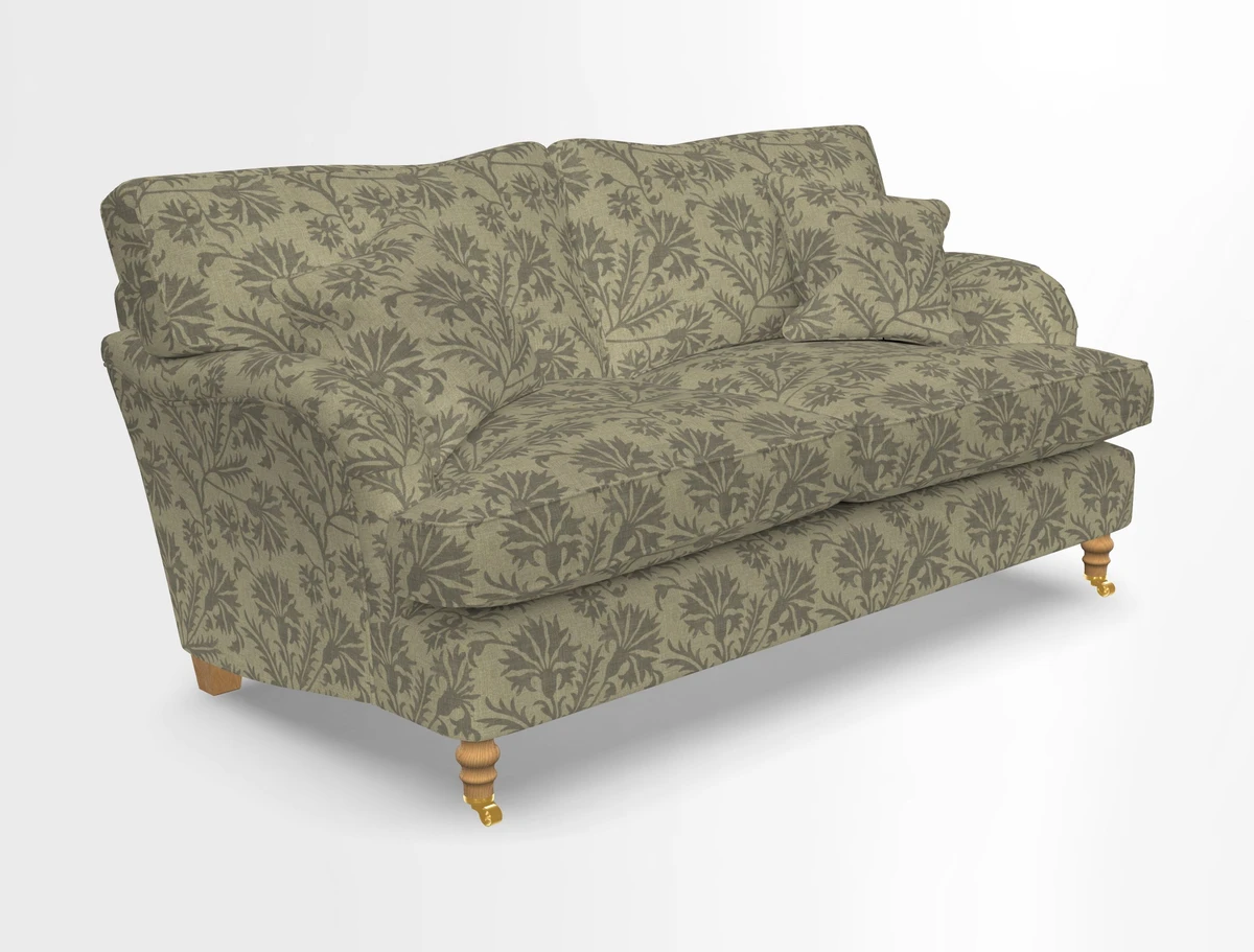 Alwinton 3 seater sofa in Ettas Stripe Moss with bolster cushion in Almost Plain Velvet Harvest