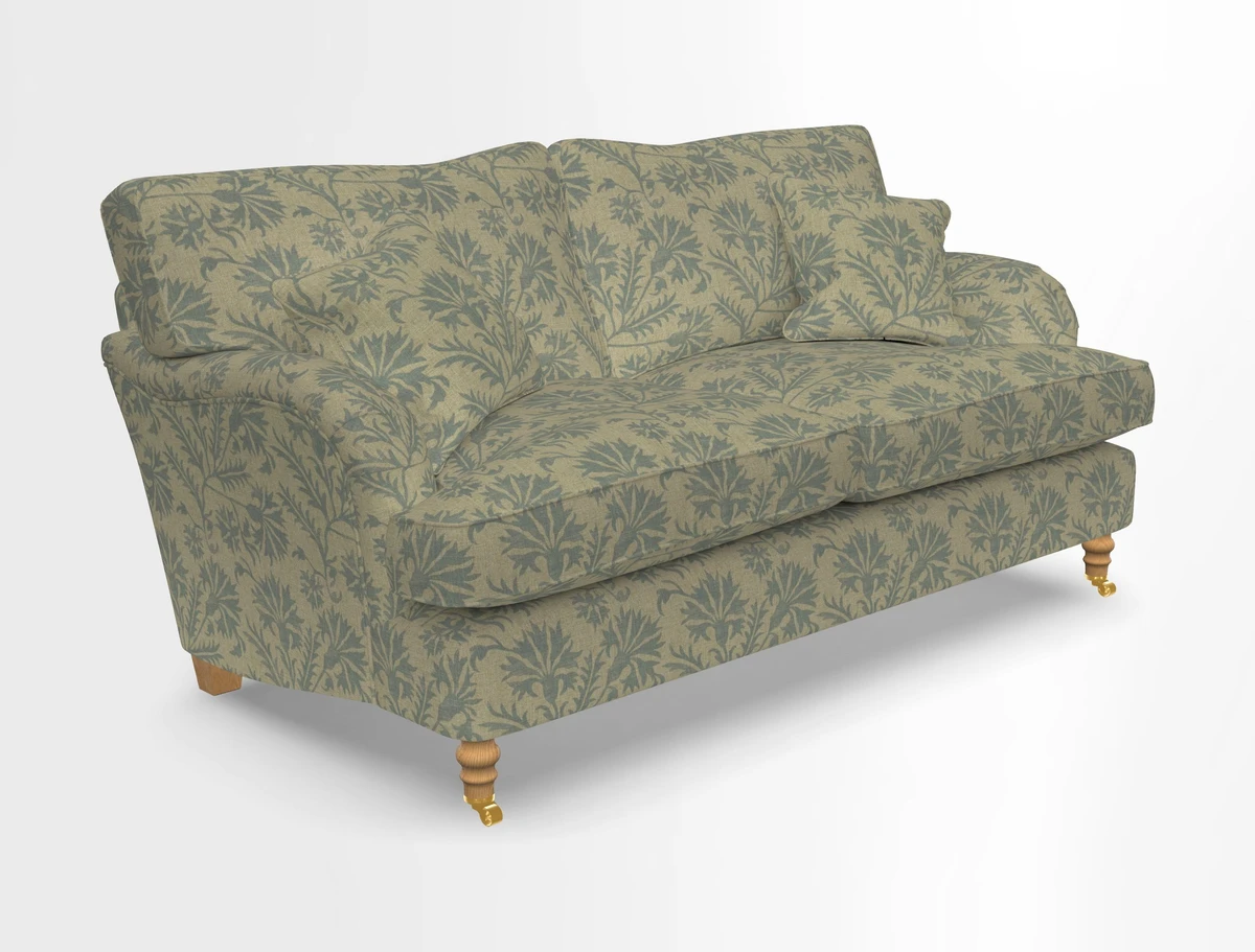 Alwinton 3 seater sofa in Ettas Stripe Moss with bolster cushion in Almost Plain Velvet Harvest