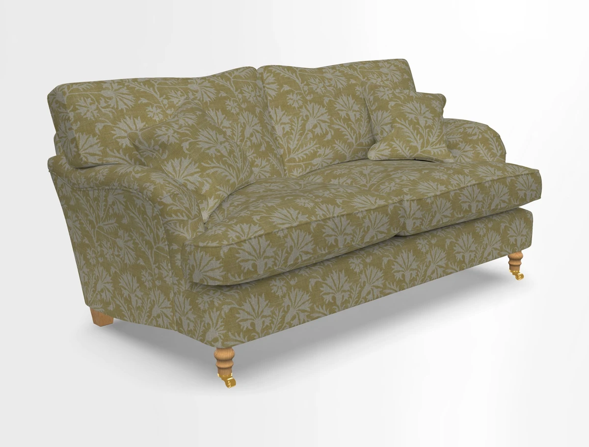 Alwinton 3 seater sofa in Ettas Stripe Moss with bolster cushion in Almost Plain Velvet Harvest