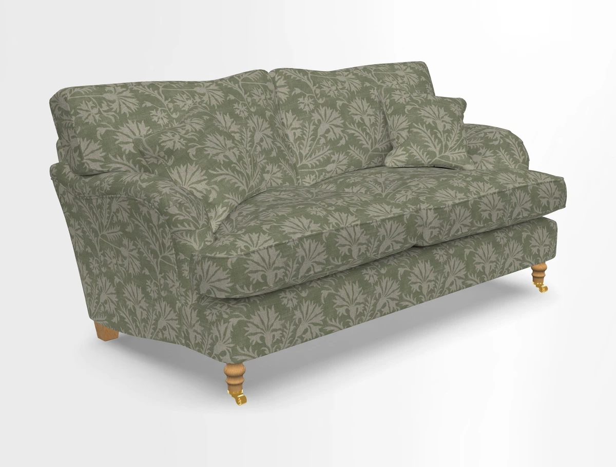 Alwinton 3 seater sofa in Ettas Stripe Moss with bolster cushion in Almost Plain Velvet Harvest