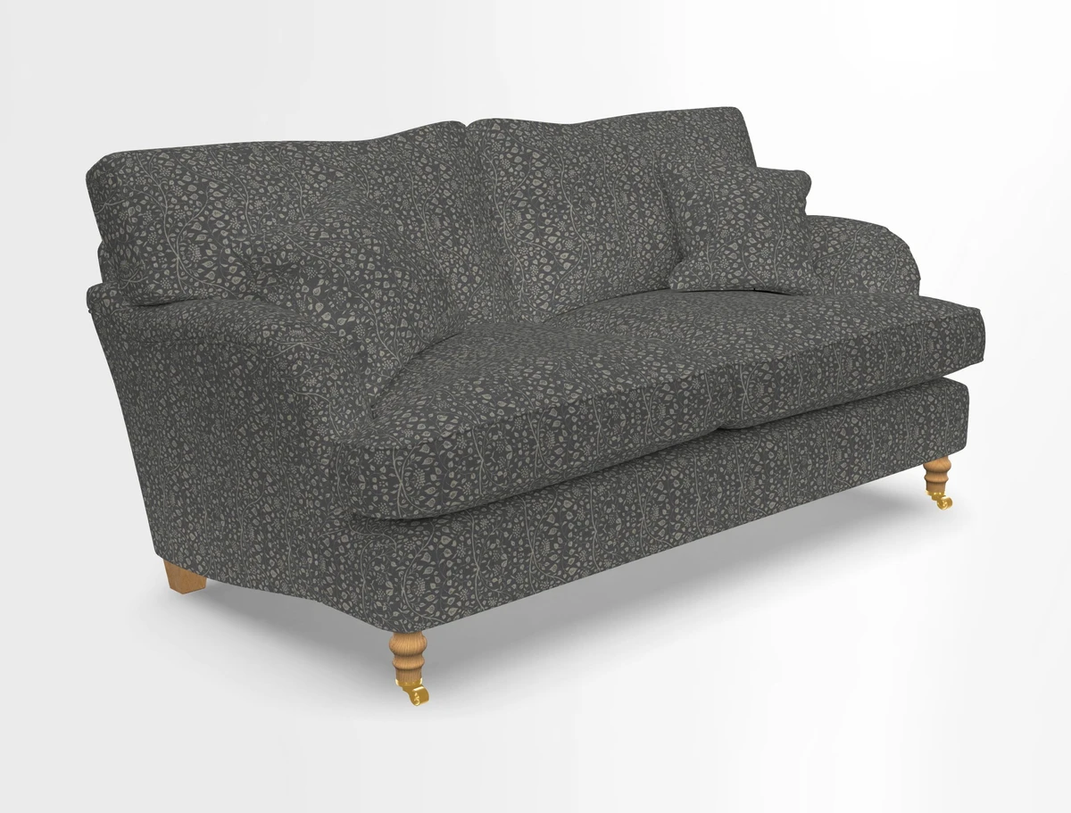 Alwinton 3 seater sofa in Ettas Stripe Moss with bolster cushion in Almost Plain Velvet Harvest