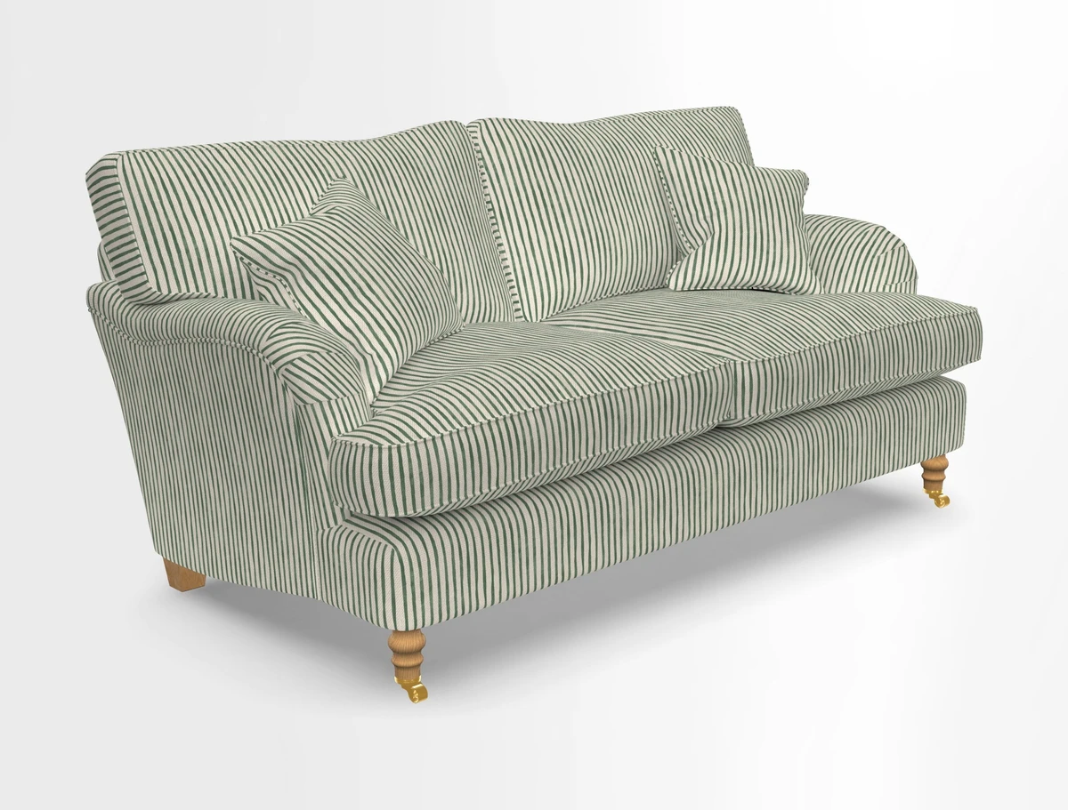 Alwinton 3 seater sofa in Ettas Stripe Moss with bolster cushion in Almost Plain Velvet Harvest