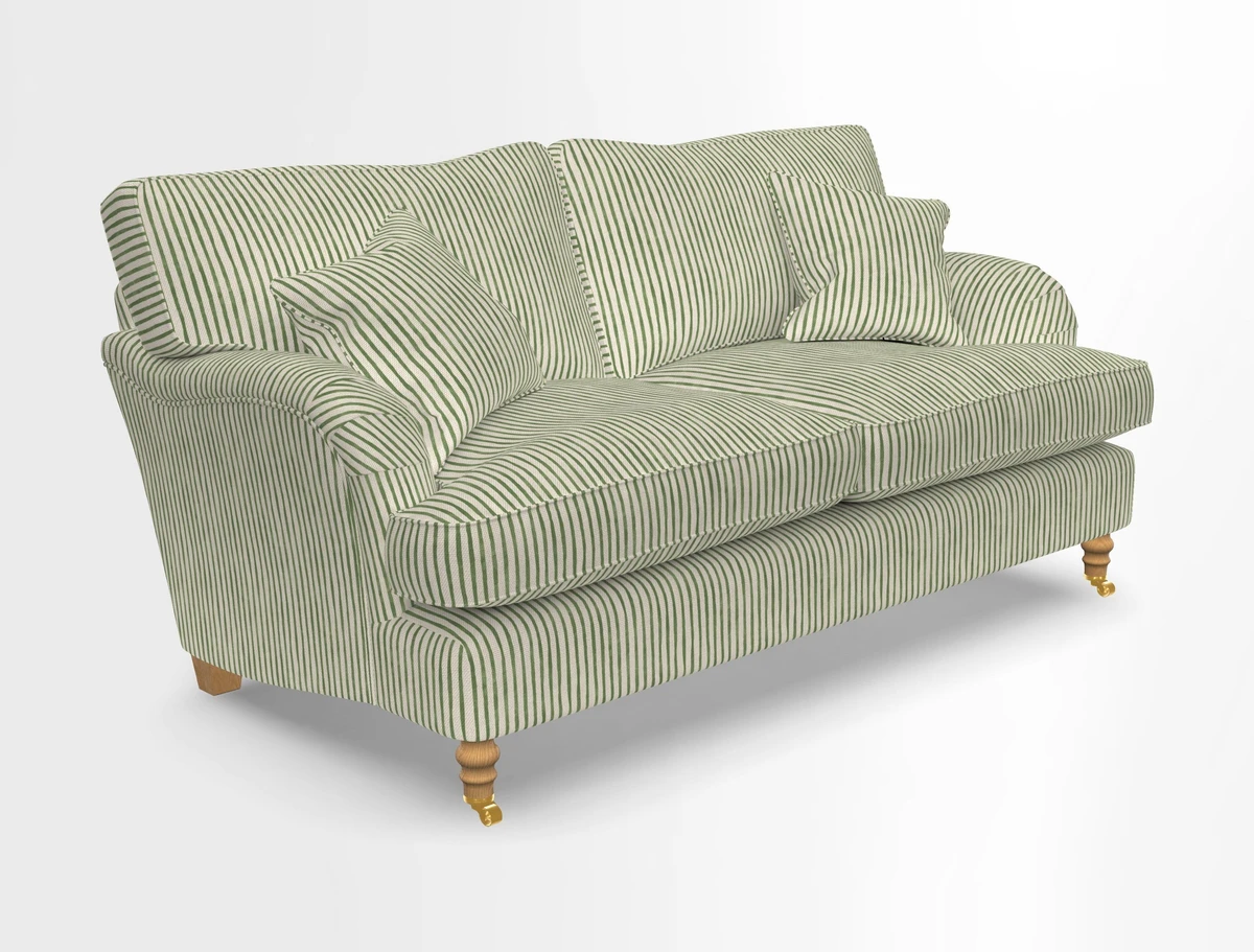 Alwinton 3 seater sofa in Ettas Stripe Moss with bolster cushion in Almost Plain Velvet Harvest