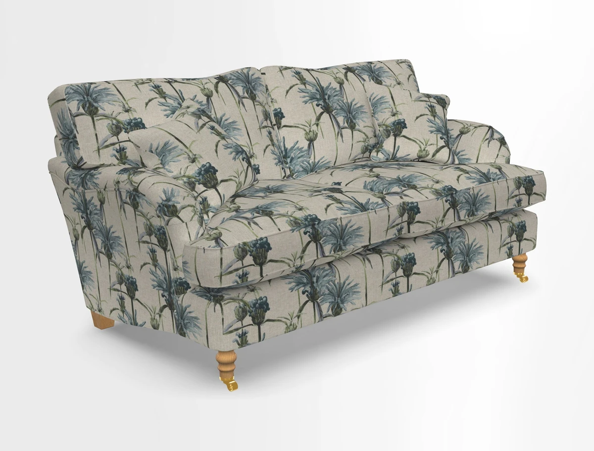 Alwinton 3 seater sofa in Ettas Stripe Moss with bolster cushion in Almost Plain Velvet Harvest