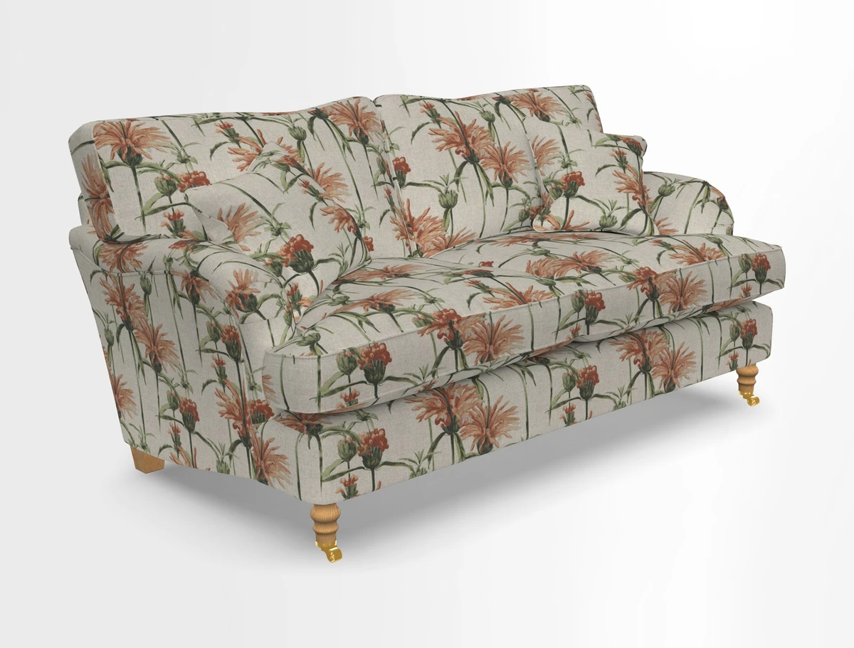 Alwinton 3 seater sofa in Ettas Stripe Moss with bolster cushion in Almost Plain Velvet Harvest