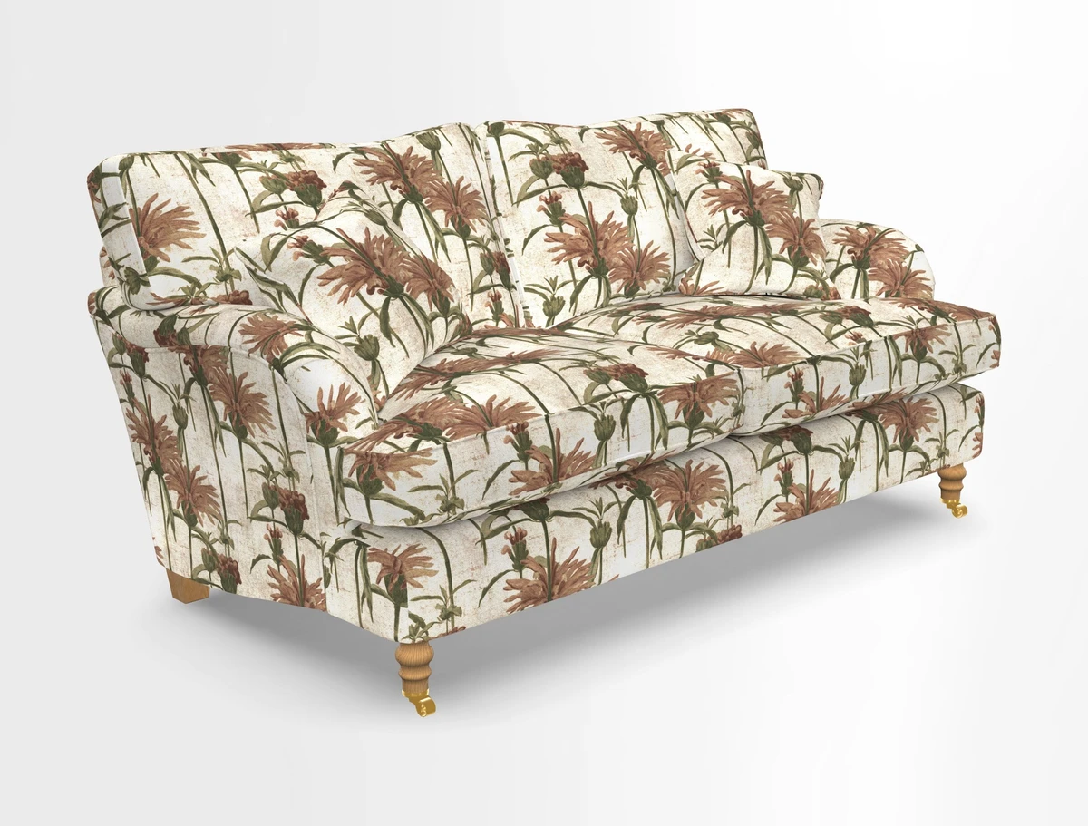 Alwinton 3 seater sofa in Ettas Stripe Moss with bolster cushion in Almost Plain Velvet Harvest