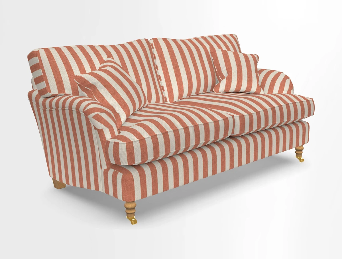 Alwinton 3 seater sofa in Ettas Stripe Moss with bolster cushion in Almost Plain Velvet Harvest