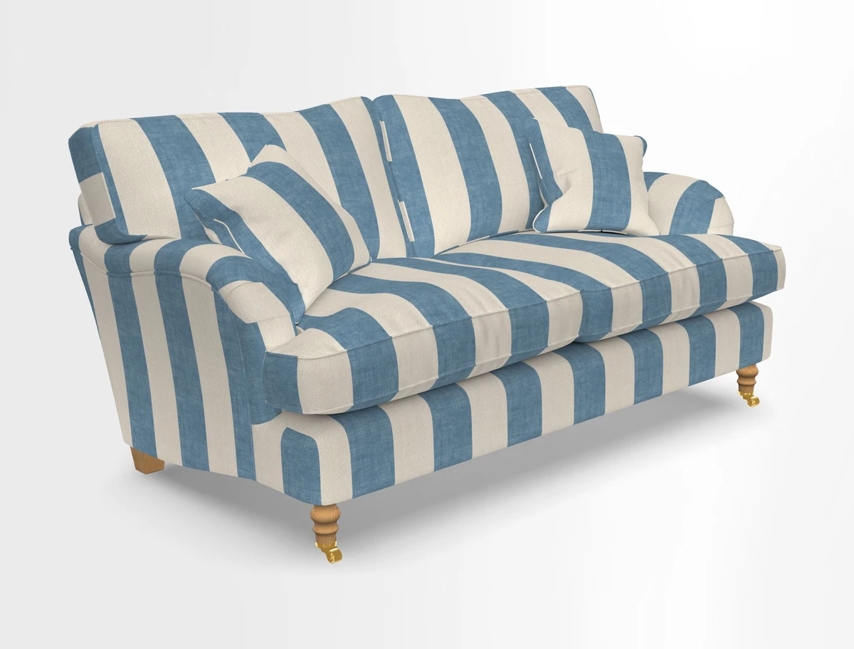 Alwinton 3 seater sofa in Ettas Stripe Moss with bolster cushion in Almost Plain Velvet Harvest