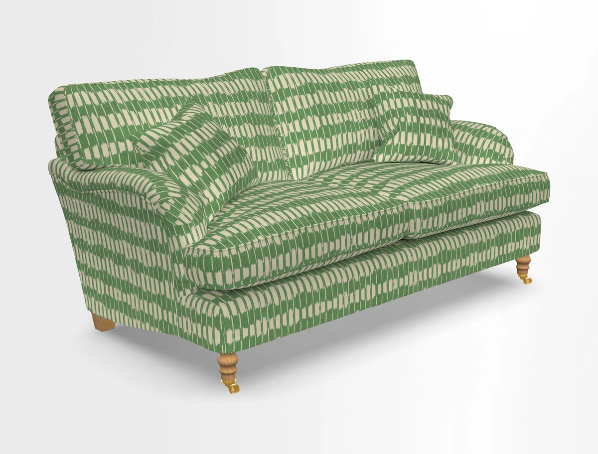 Alwinton 3 seater sofa in Ettas Stripe Moss with bolster cushion in Almost Plain Velvet Harvest