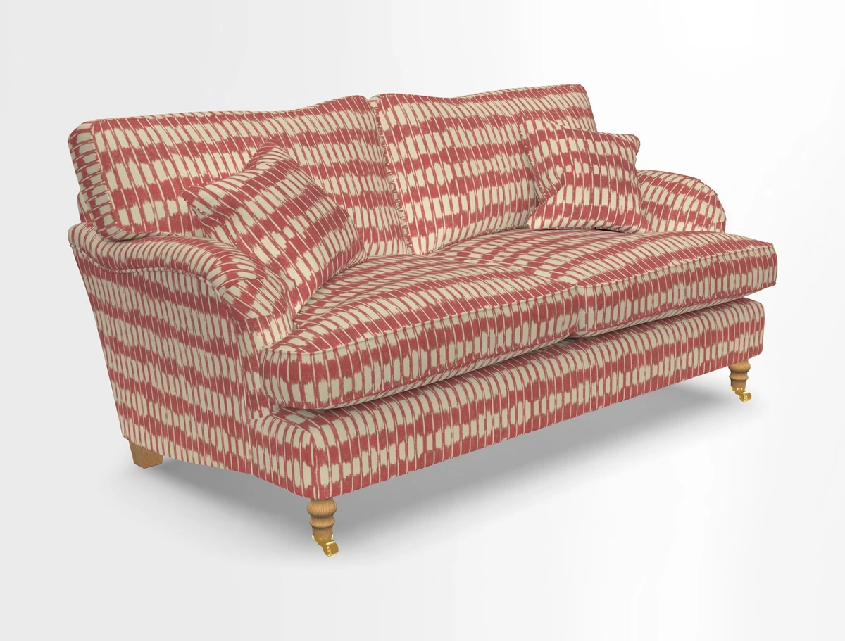 Alwinton 3 seater sofa in Ettas Stripe Moss with bolster cushion in Almost Plain Velvet Harvest