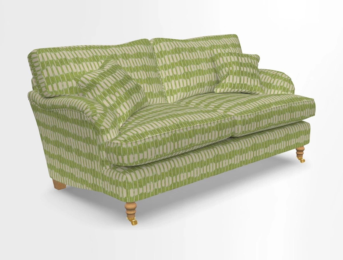 Alwinton 3 seater sofa in Ettas Stripe Moss with bolster cushion in Almost Plain Velvet Harvest