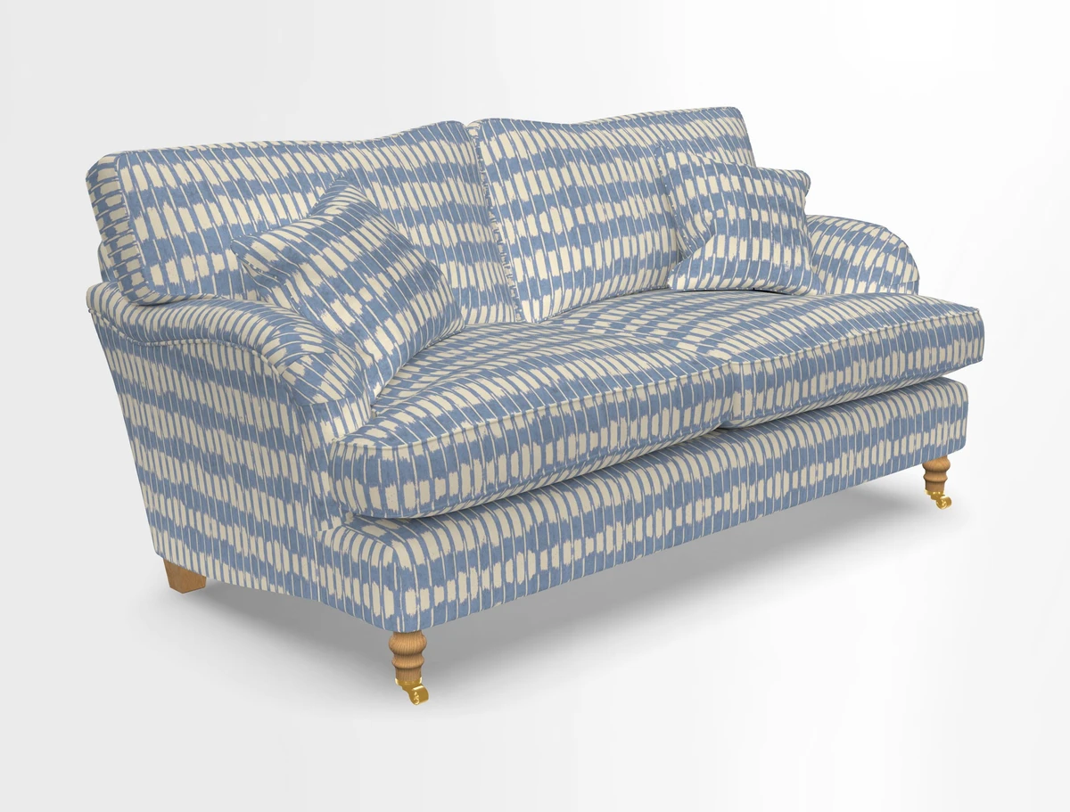 Alwinton 3 seater sofa in Ettas Stripe Moss with bolster cushion in Almost Plain Velvet Harvest