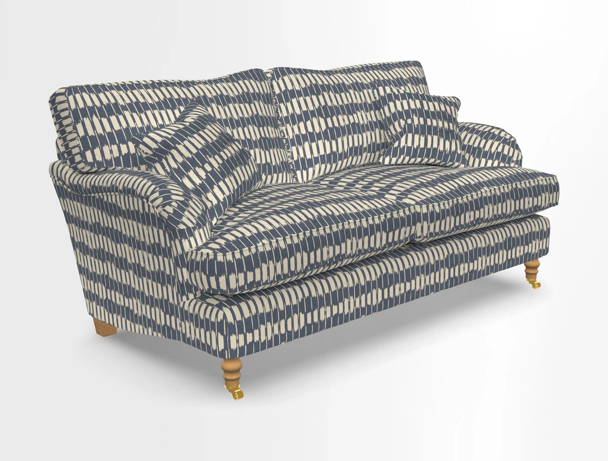 Alwinton 3 seater sofa in Ettas Stripe Moss with bolster cushion in Almost Plain Velvet Harvest